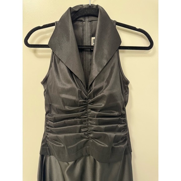 Vintage Tadashi 1990s Black Satin Ruched Tuxedo Collared Style Midi Dress Size 4 - Picture 4 of 6